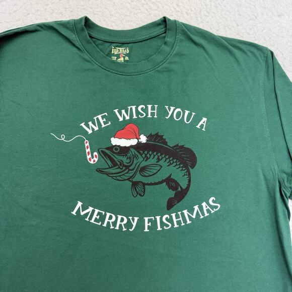 RedHead Shirt Mens Large L Green Christmas We Wish You A Merry Fishmas Fishing - Picture 3 of 11